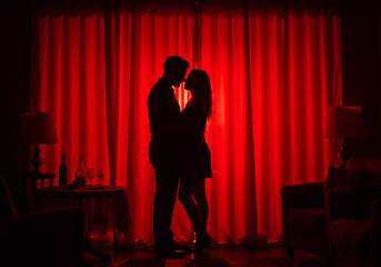 Silhouetted couple embracing against red drapes