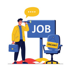 Man with a telescope and briefcase searching for a job opportunity next to a vacant office chair.