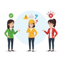 A confused female engineer in a hard hat deciding between right and wrong choices presented by two colleagues.
