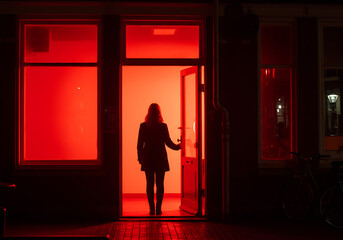 Silhouette of woman entering red lit doorway