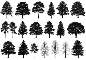 Silhouettes of various trees against white space