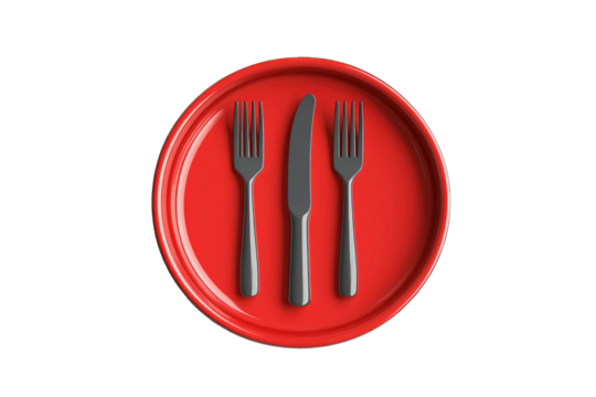 Red plate with dark grey knife and forks - Powered by Adobe