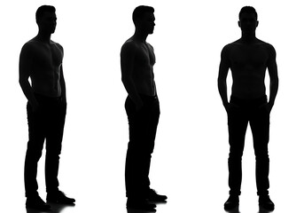 Silhouette of a man in three different poses