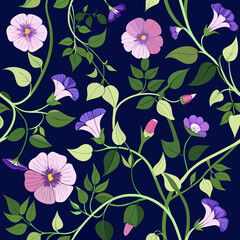 Seamless pattern of blooming morning glory flowers and green vines on a dark blue background
