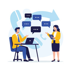 Customer service agents, a man at a desk and a woman with a tablet, communicating via headsets.