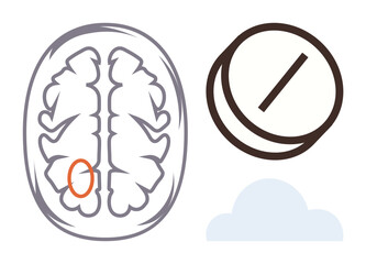 Stylized brain diagram with focus area, large tablet, and cloud shape symbolizing mental health, treatment, therapy, and mindfulness. Ideal for psychology, medicine, neuroscience wellness stress