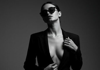 Woman in blazer and sunglasses monochrome shot