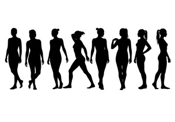 Silhouettes of women in various poses on white