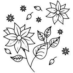 A collection of simple black and white line art drawings of flowers and leaves on a white background