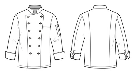 Technical drawing of a chef's jacket, front and back views, showing design details.
