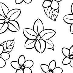 Seamless pattern of stylized black outline flowers and leaves on a white background