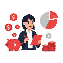A businesswoman analyzes financial data, surrounded by a piggy bank, coins, and a pie chart.