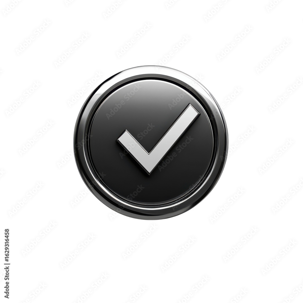 Poster metallic check mark on a dark button, symbolizing approval, success on transparent background