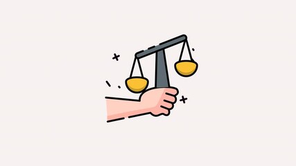 International justice day celebration with a cartoon hand holding golden scales representing fairness universally. Suitable for justicethemed designs and campaigns.