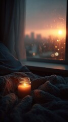 Cozy sunset view from bedroom window, candle on blanket