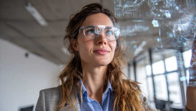 Visionary Businesswoman Interacting with a Futuristic Holographic Cybersecurity Interface - Powered by Adobe