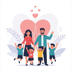 A happy family with four children standing together in front of a large heart symbol.