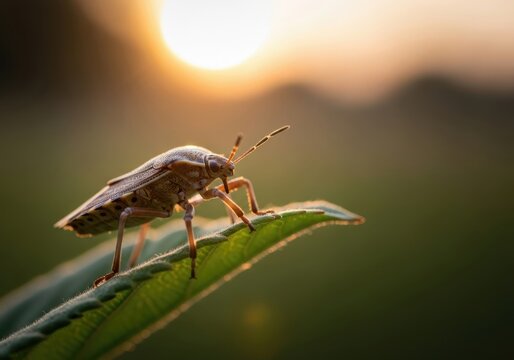 Stink Bug on Leaf at Sunrise