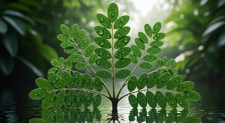 Glimmering New Life: A perfectly symmetrical young leaf, glistening with dewdrops, rises serenely from a tranquil, reflective body of water amidst a lush green, sun-dappled forest