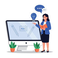 A female teacher conducts an online class, holding a book and a lightbulb idea symbol next to a large computer screen with educational icons.