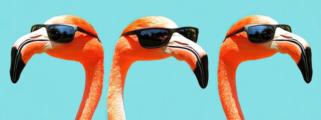 Three flamingos in sunglasses against a light blue background, heads and necks visible