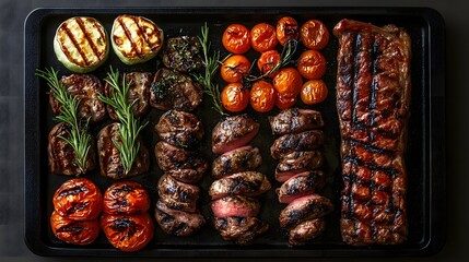 Grilled Meat and Vegetables Platter with Fresh Herbs on Black Plate