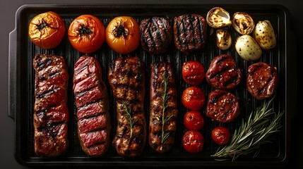 Grilled Meats and Vegetables on a Black Grill Plate Close-Up