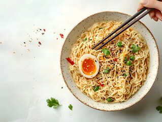 Delicious Bowl of Ramen with Soft Boiled Egg and Fresh Herbs