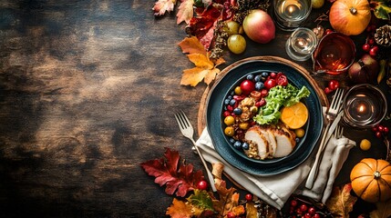 Festive Table Setting with Autumn Leaves and Delicious Meal