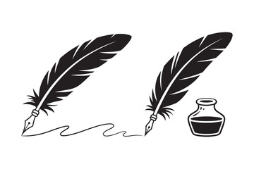 A classic black quill pen illustration set, one writing a flourish and another poised with a full inkwell.