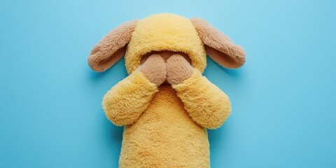 Yellow puppy costume hides face on blue background