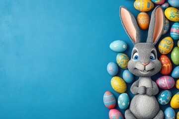 Cheerful cartoon bunny nestled amongst vibrantly colored Easter eggs on a solid blue background, leaving ample copy space