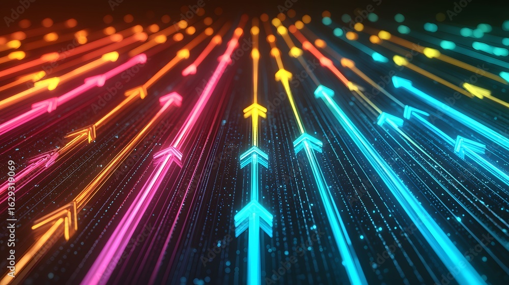 Poster this is an abstract image showcasing a vibrant array of glowing arrows in spectrum hues, rising diag