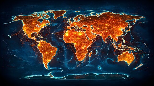 The image features a world map with illuminated orange continents interconnected by a network of lines, set against a dark blue ocean backdrop, suggesting global connectivity. - Powered by Adobe