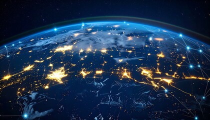 Night view of Earth from space, showing city lights and global network connections