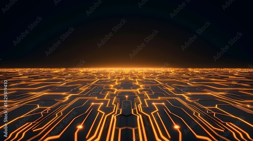 Poster the image shows a digital landscape with glowing orange circuit paths on a dark background, creating