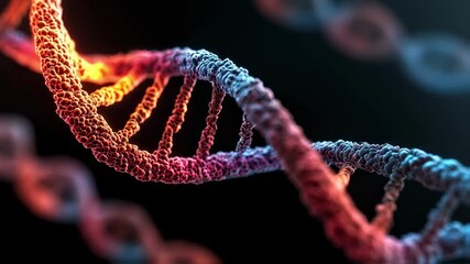 Detailed biochemical animation focused on enzyme sliding on DNA template creating a luminous ribbon of RNA in gene expression process.