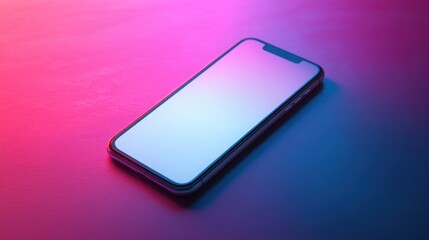 Floating smartphone with blank white screen against vibrant gradient backdrop ideal for mockup with ample copy space