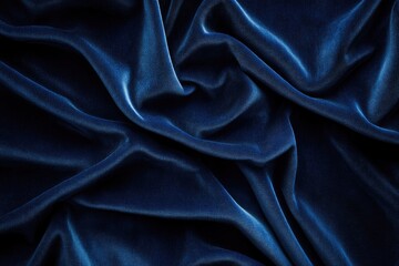Deep blue velvet fabric dramatically draped, showcasing rich texture and soft, lustrous folds