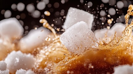 Sugar cubes falling into cola with splash on a dark bokeh background