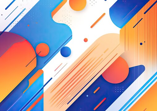 Abstract composition of vibrant blue, orange, and purple shapes, dynamic lines, and scattered dots on a white background - Powered by Adobe