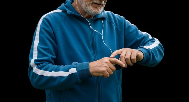 Active senior man in sportswear checking his fitness tracker on a smartwatch while listening to music with earphones. - Powered by Adobe