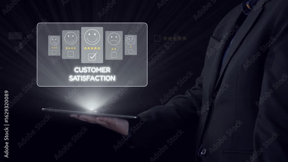 Poster a professional displays a tablet showcasing an interactive digital interface with customer satisfact