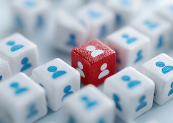 Red cube among many white cubes, each with a person symbol