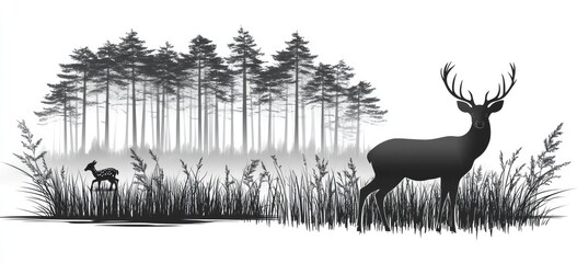 Monochromatic silhouette of a large stag and a smaller deer in tall grass before a pine forest