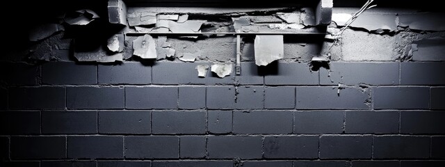 Dark, damaged brick wall with crumbling ceiling above, showing exposed pipes and debris