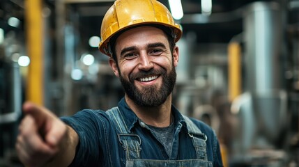 Joyful factory worker wearing a safety helmet pointing with a smile