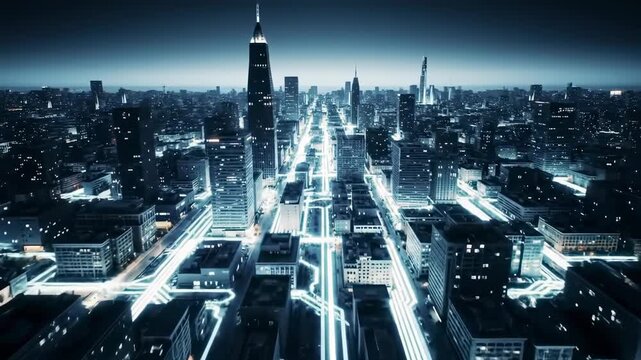 High angle view of futuristic city at night with illuminated pathways