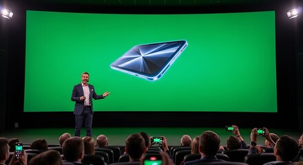 A presenter in a suit stands on a stage, gesturing towards a large screen displaying a futuristic smartphone against a vibrant green background, with an audi...
