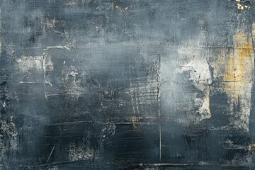 Abstract textured painting in dark blues, grays, and hints of gold, showing layered brushstrokes and a distressed, aged effect